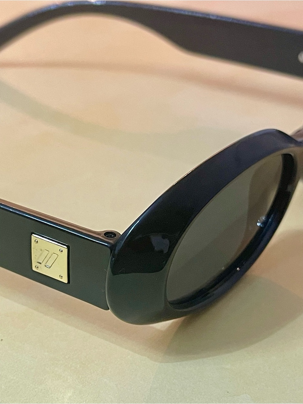 Free People Glossy Black Slim Oval Retro Boho Sunglasses with gold accents - Picture 3 of 15